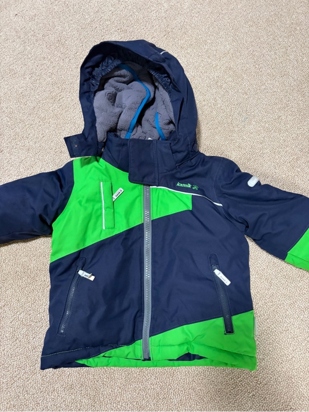 Kamik Kids Navy and Green Hooded Insulated Puffer Jacket